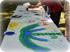 children painting a banner